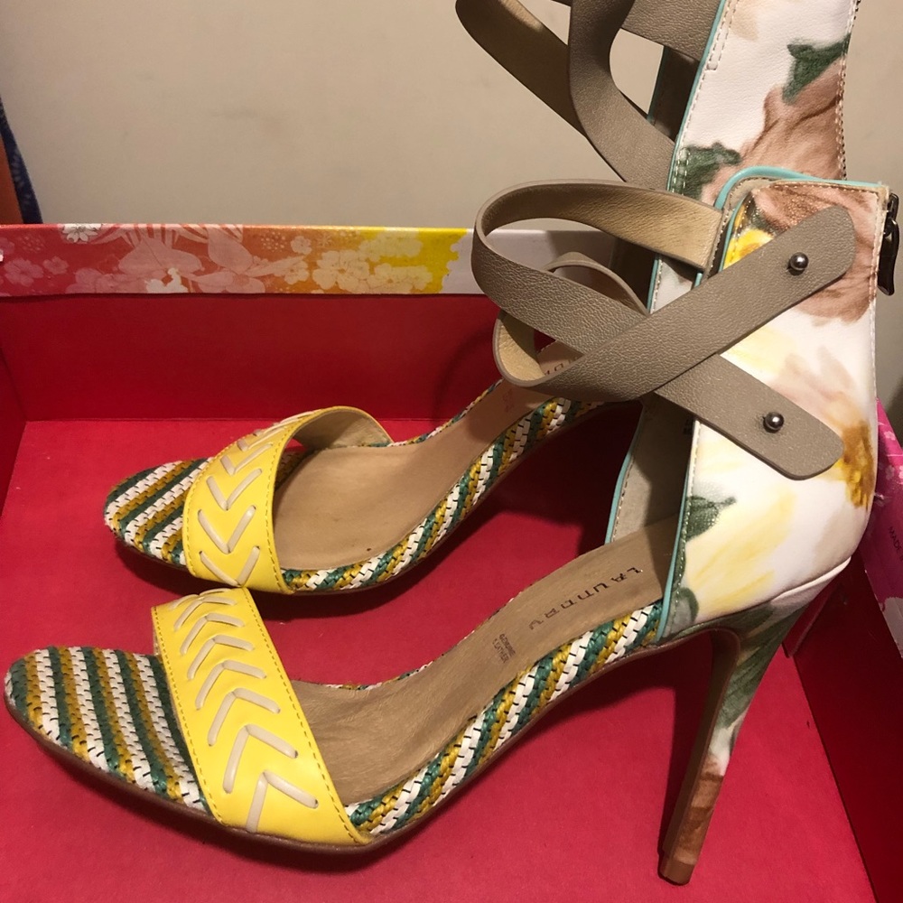 Floral and stripes heeled sandals
